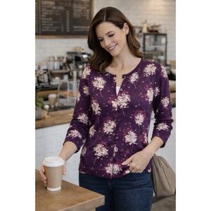 Garnet Hill 100% Merino Cardigan Sweater Size Large Floral Purple 3/4 Sleeve